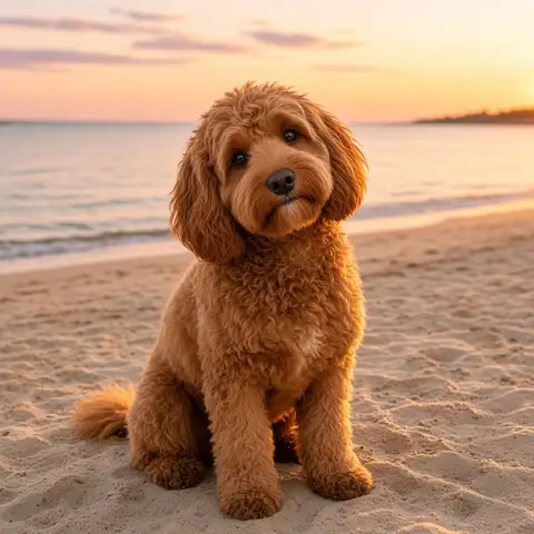 Illustration (AI-generated): Pint, a ginger cavoodle, on a generic beach at sunset. Not a photo of any real Sydney beach.
