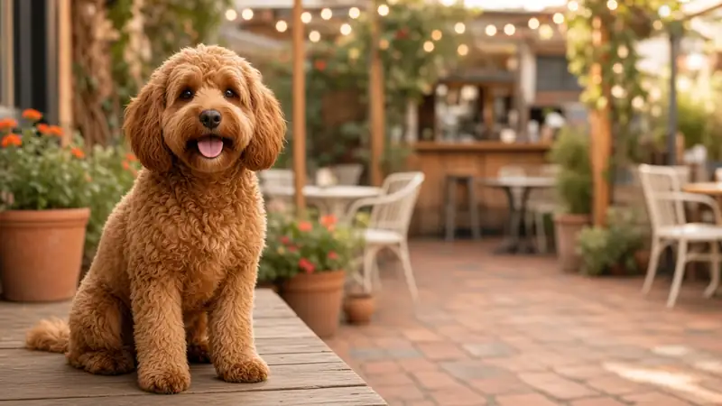 Illustration (AI-generated): Pint, a ginger cavoodle, in a generic sunny beer garden. Not a photo of any real Sydney or Melbourne venue.